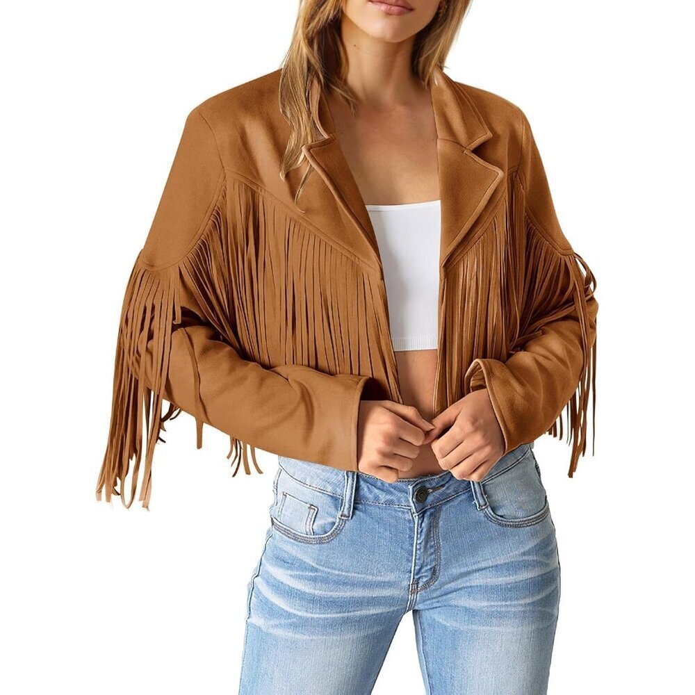Women's  Brown Yellow Faux Suede Leather Tassel Motorcycle Cropped Jackets - Picture 2 of 9